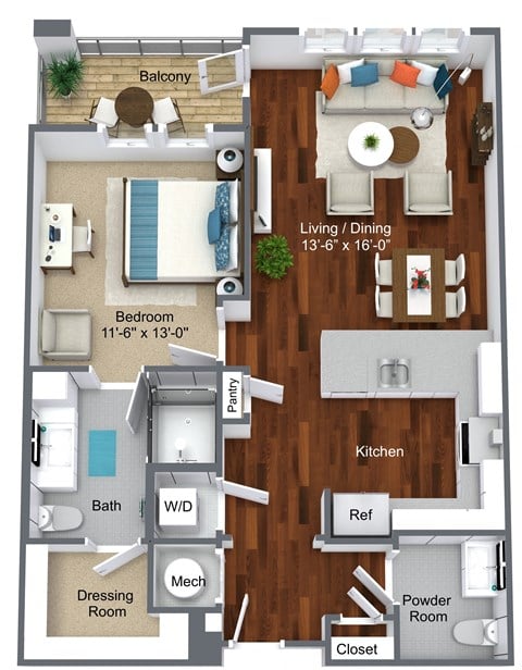 Floor plan for 1 bed, 1.5 baths, 840 sqft